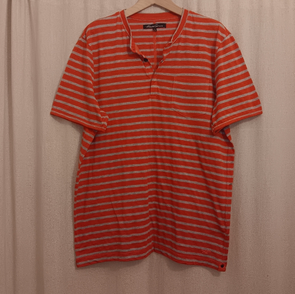 🙂KENNETH COLE NEW YORK Orange/Gray Striped Henley Style T Shirt Mens SZ L